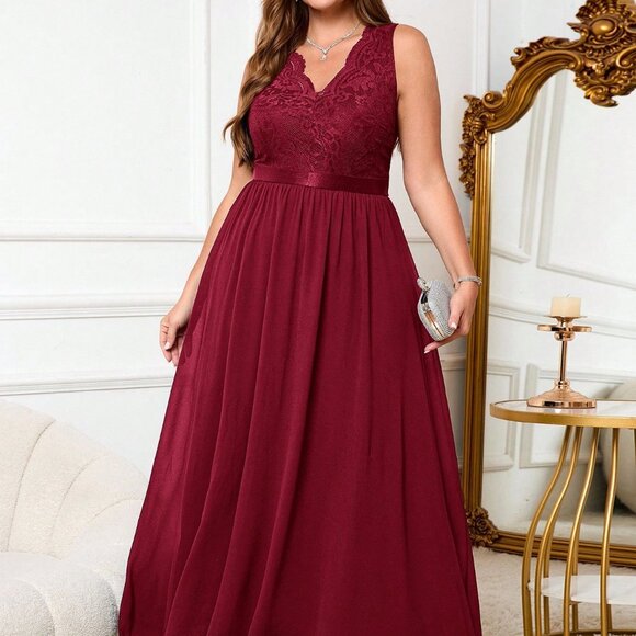 Burgundy Elegant Women's Plus Size Sleeveless Waist Cinched Party Dress - Picture 6 of 7